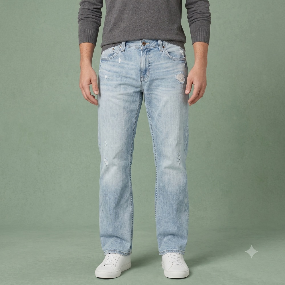 BKE Derek Bootcut Jeans Mens 38R Light Wash Distressed Thick Stitch‎ Denim Read